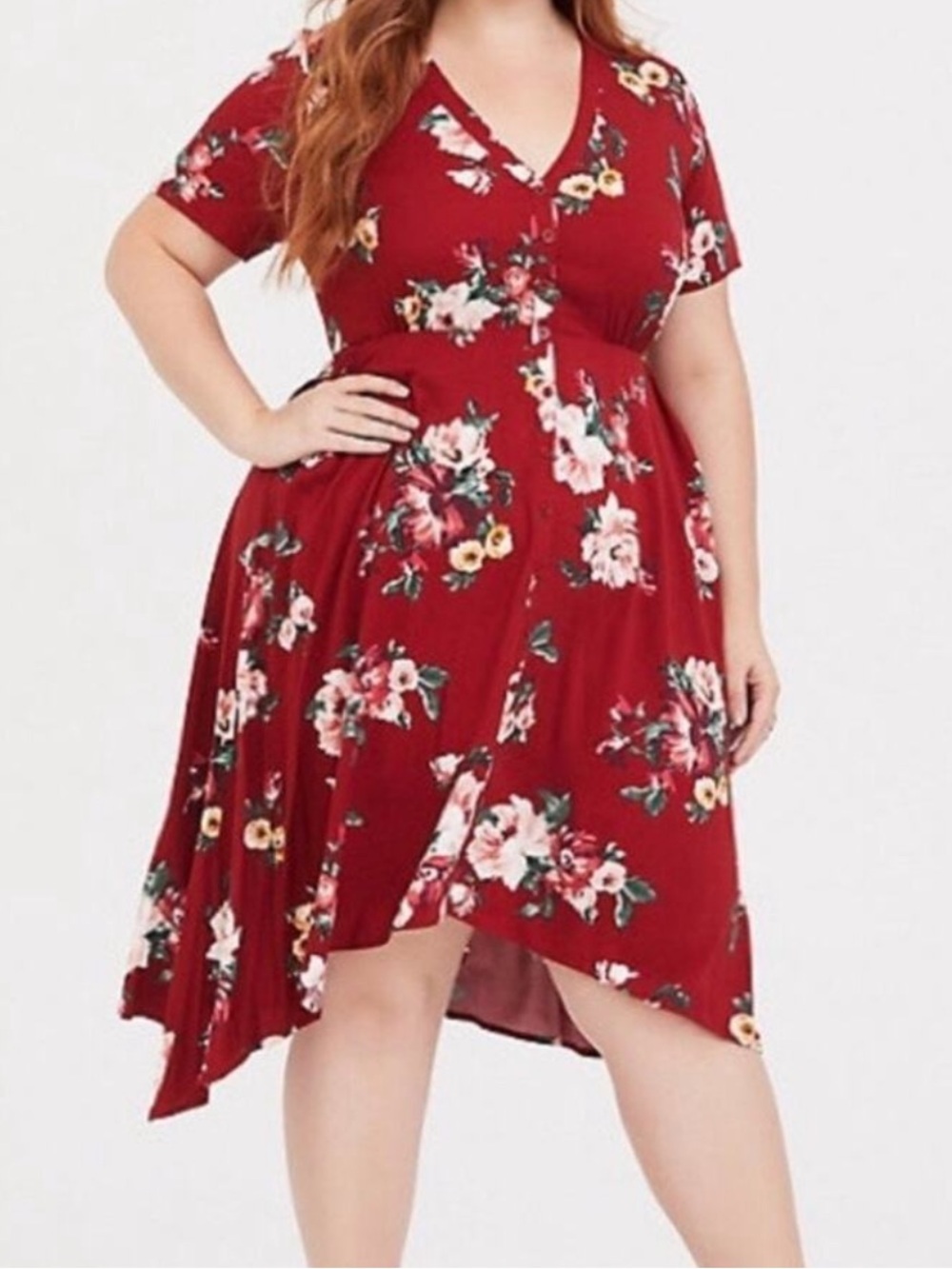 Torrid Plus Size Red Dress Floral Roses Knee Length 3X Short Sleeve Wedding